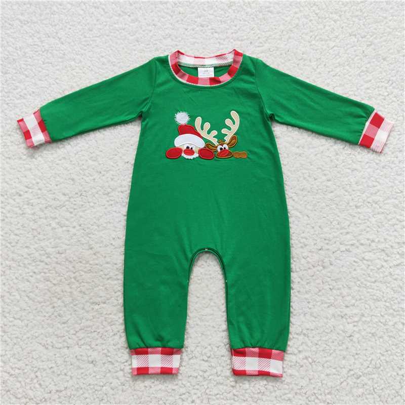 RTS NO MOQ GLP0507 Embroidered Santa Claus reindeer plaid lace green long-sleeved trousers suit