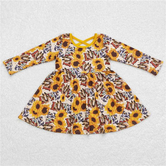 SALES NEW Baby Girls Western Horse Sunflower Knee-Length Dress Cute Children's Clothing Vintage Style Dress for Girls
