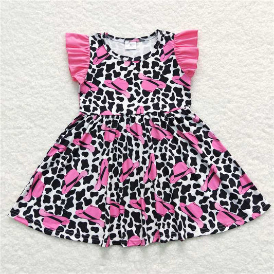 SALES NEW Baby Girls Western Hat Cow Print Dress with Flutter Sleeve Knee-Length Skirt for Girls Children's Clothing