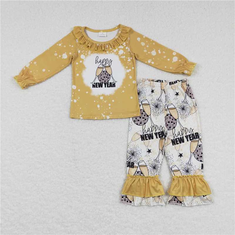 RTS NO MOQ Tan Happy New Year Overalls & Tops & Long Sleeves Set