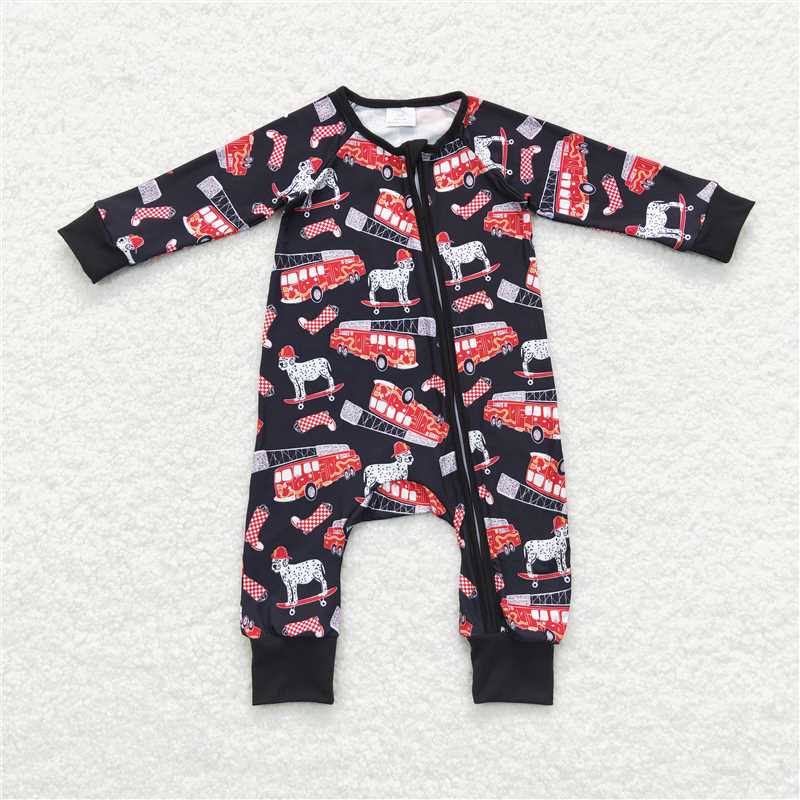 RTS NO MOQ Red Train Trojan Horse Pattern Romper & Short-sleeved Flared Pants & Long-sleeved Hooded Suit