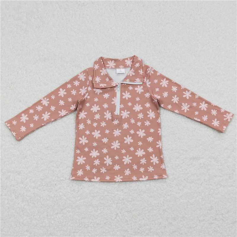 RTS NO MOQ Sibling Baby Girls clothes floral Zipper Stand Collar Pullover Long Sleeve Tops