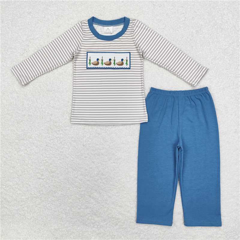 RTS NO MOQ Sibling baby Boys duck feather embroidery short-sleeved shirt pants clothing set-long-sleeved pants set clothes and rompers