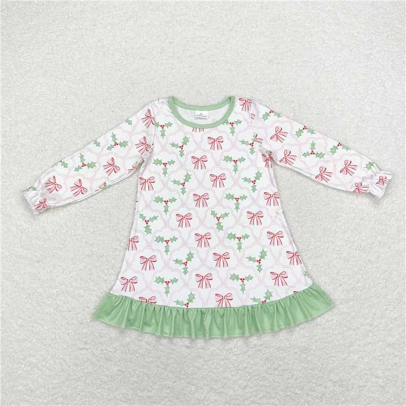 RTS NO MOQ Pink bow short-sleeved dress & green bow long-sleeved dress & red striped cane long-sleeved dress