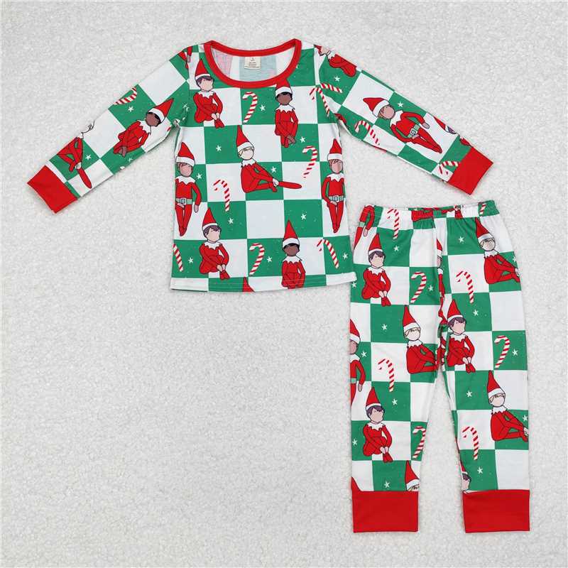 RTS NO MOQ  bamboo Green  plaid long-sleeved suit & romper with a little man wearing a Christmas hat