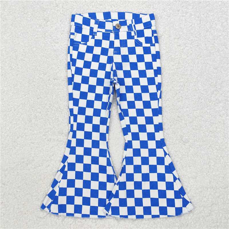 RTS NO MOQ Sibling baby girl clothes Plaid Button-Down Skinny Denim Flared Pants: Orange & Blue