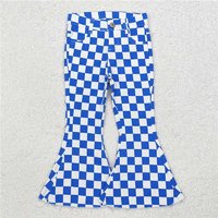 RTS NO MOQ Sibling Baby Girls Checkered Denim Adjustble Waistband Jeans Pants