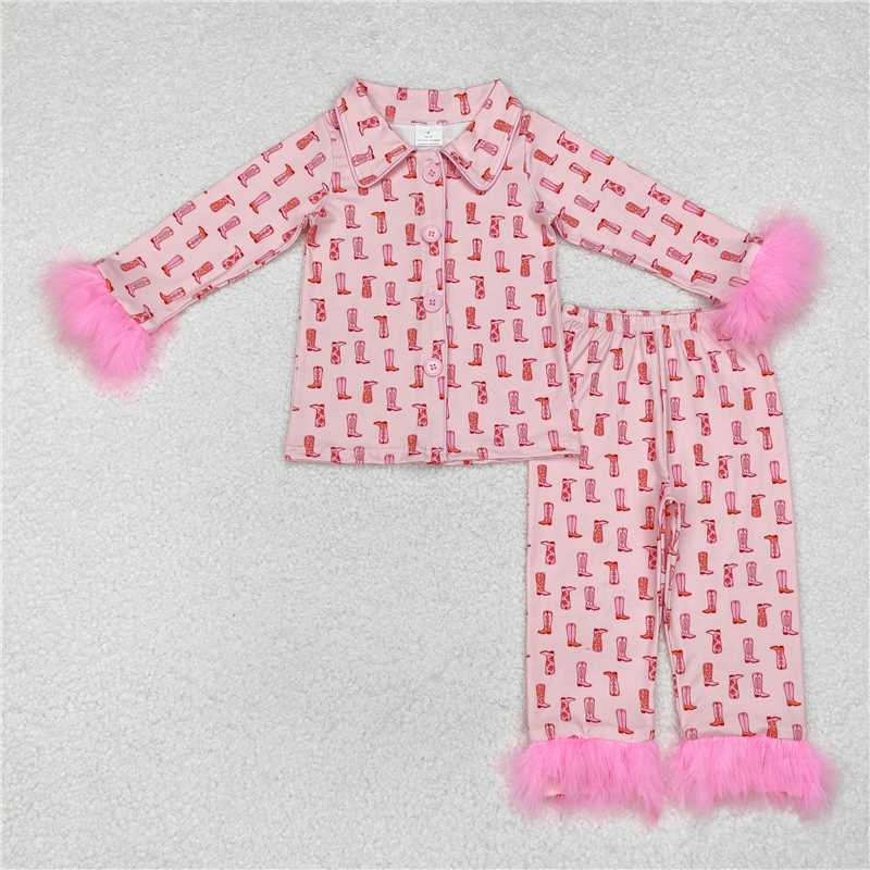 RTS NO MOQ Sibling Baby Girls bow Pink Plush Button Long Sleeve Long Pants Pajama Sets