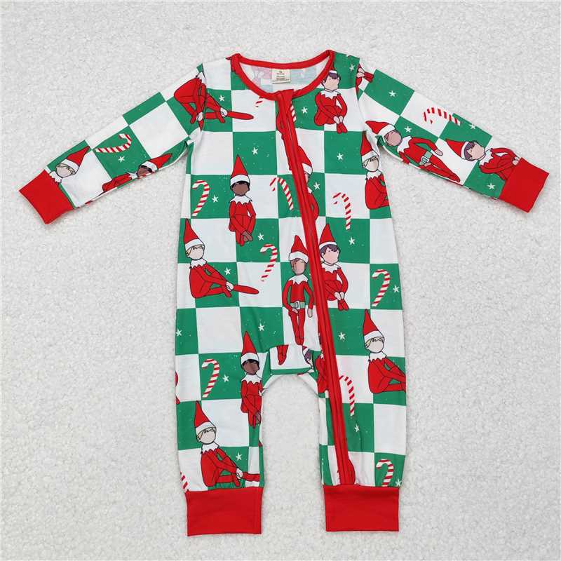 RTS NO MOQ  bamboo Green  plaid long-sleeved suit & romper with a little man wearing a Christmas hat