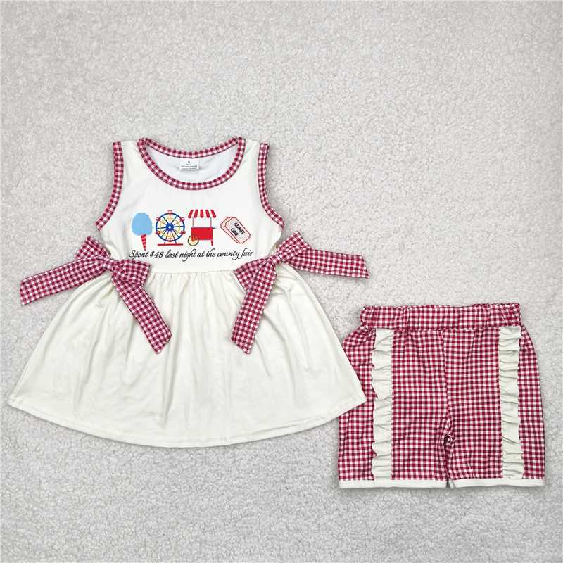 RTS NO MOQ Sibling milk silk  Baby Girls Summer Ice Cream Red Plaid Ruffle Clothes Sets Plaid Bows Ruffle Rompers