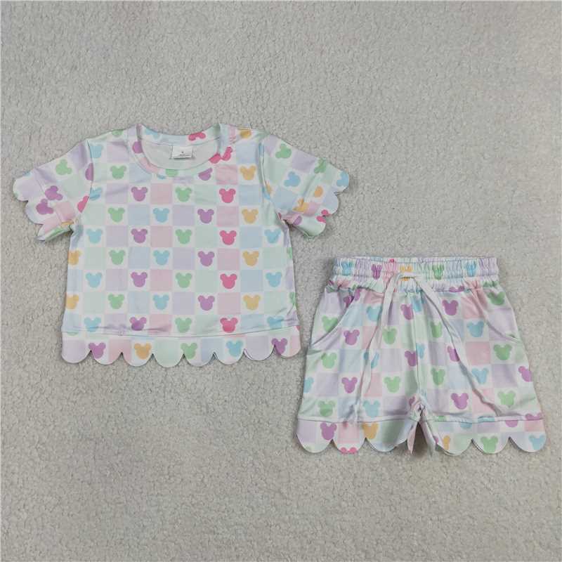 RTS NO MOQ Sibling milk silk Baby Girls Cute Colorful Flowers Scallop Edge Short Sleeve Clothes Set