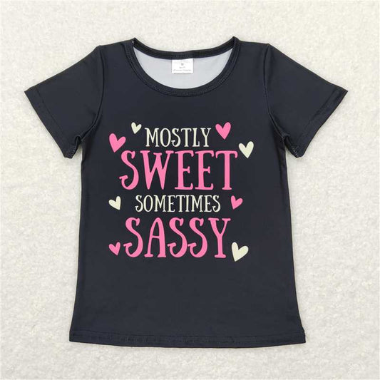 SALES NEW Baby Girls Black Short Sleeve Tee Shirts Tops Letter Print Comfortable Cotton Casual Outfit for Infants