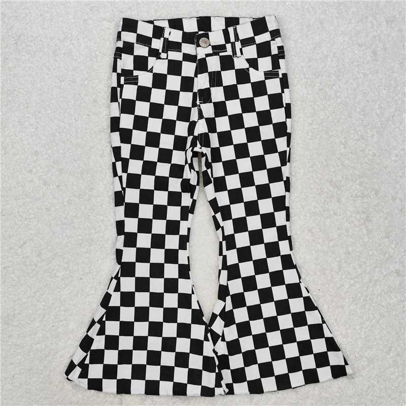 RTS NO MOQ Sibling baby girl clothes Plaid Button-Down Skinny Denim Flared Pants: Orange & Blue