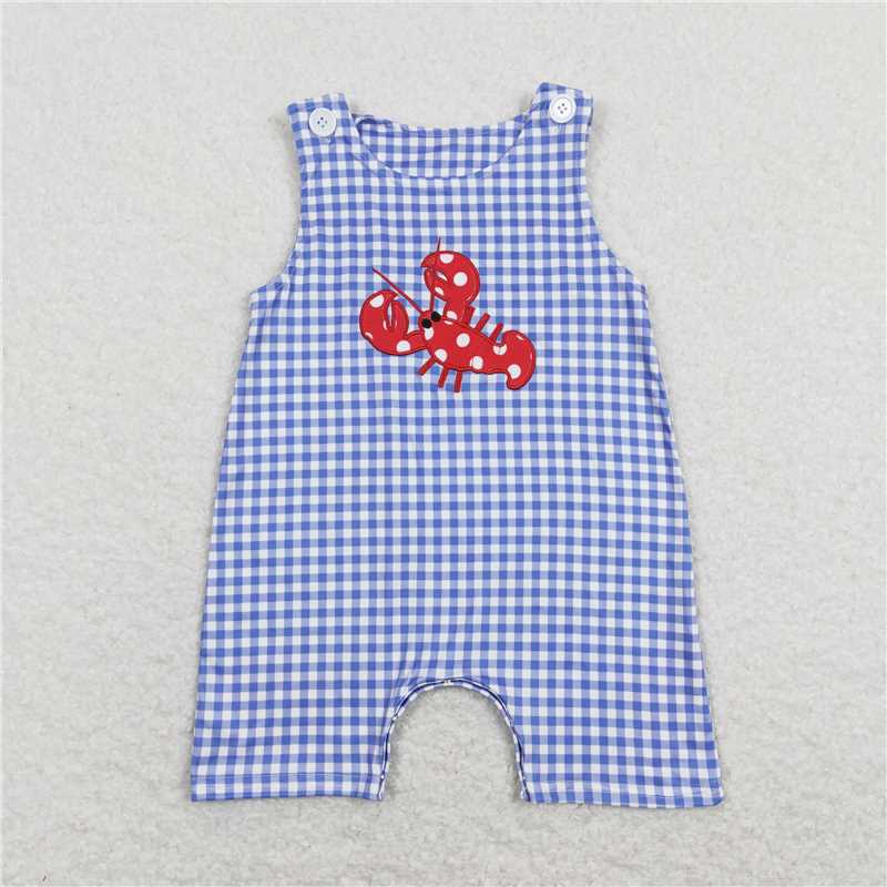 stock SR0820 Embroidered polka dot crayfish blue and white plaid sleeveless jumpsuit