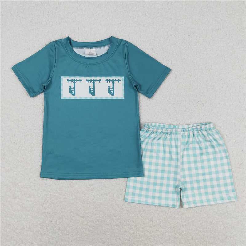 RTS NO MOQ Pole maintenance worker pattern short-sleeved shorts suit & romper