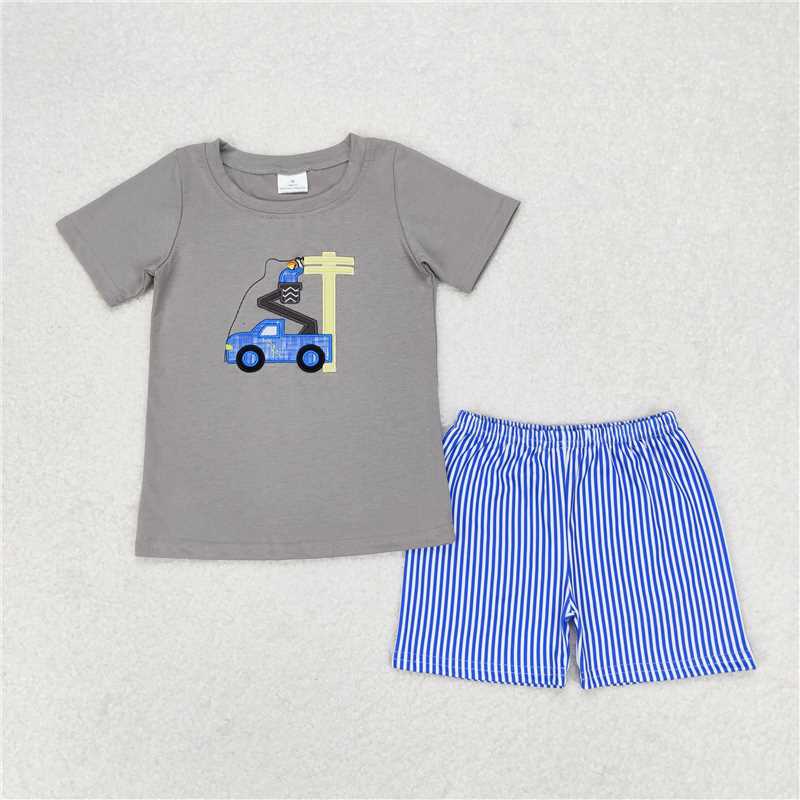 RTS NO MOQ Embroidered Maintenance Pole Truck Pattern Blue Striped Jumpsuit & Short Sleeve Shorts Set
