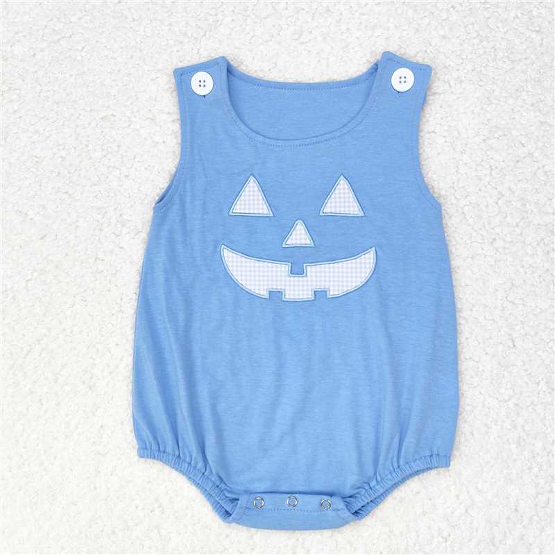 RTS NO MOQ Baby Embroidered Pumpkin Smiley Face Blue & Orange*Pink Short Romper