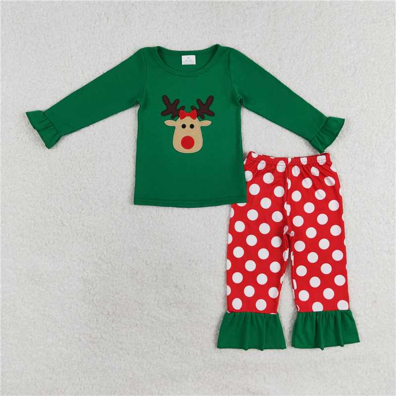 RTS NO MOQ BLP0611 GLP1301 Embroidered Reindeer Green Lace Long Sleeve Red Striped Pants Pajama Set