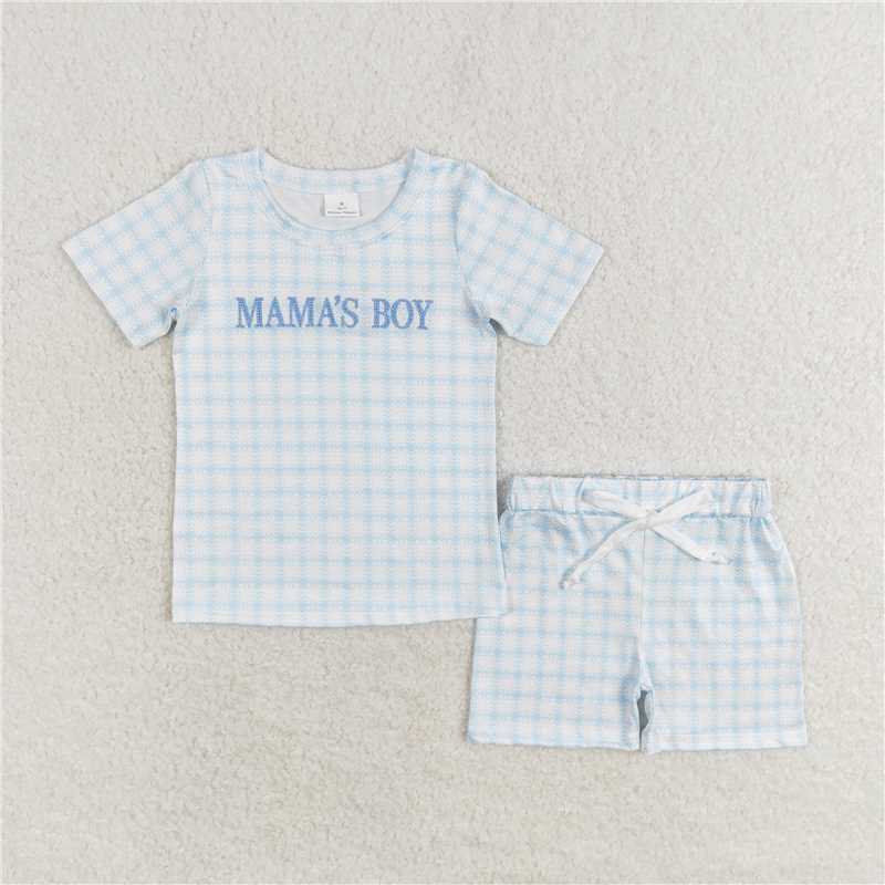 RTS NO MOQ  Letter Plaid Boys and Girls Short Sleeve Shorts Set & Thong Set