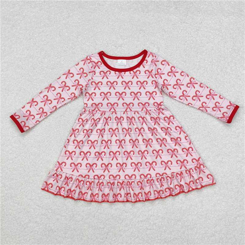 RTS NO MOQ Pink bow short-sleeved dress & green bow long-sleeved dress & red striped cane long-sleeved dress