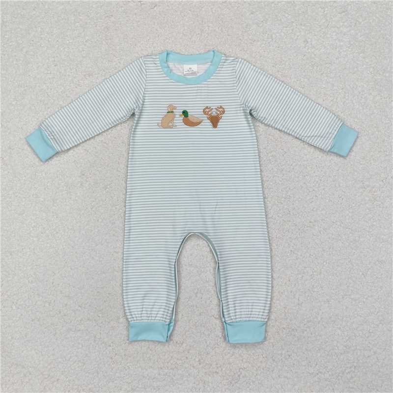 RTS NO MOQ Sibling baby boy clothes Embroidered Puppy Pattern Striped Long Sleeve Top & Climbing Suit