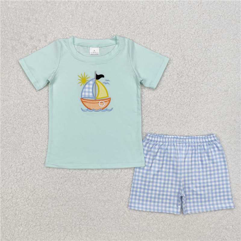 RTS NO MOQ Baby boy clothes embroidery Short Sleeve shorts Suit