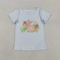 RTS NO MOQ Sibling Baby Girls Blue Short Sleeve Flowers Rabbits Easter T-shirts Top