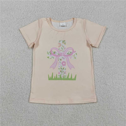 SALES NEW Baby Girls Short Sleeve T-shirt Easter Themed Cross Design Top with Flowers for Little Girls