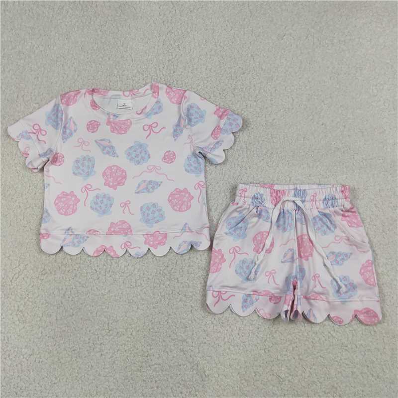 RTS NO MOQ Sibling milk silk Baby Girls Summer Top Pocket Shorts Scallop Hem Casual Outfits