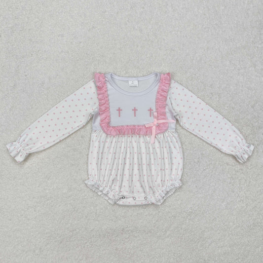 RTS NO MOQ ETA 5/7days arrived LR2136 Embroidered cross dot pink lace long sleeve jumpsuit