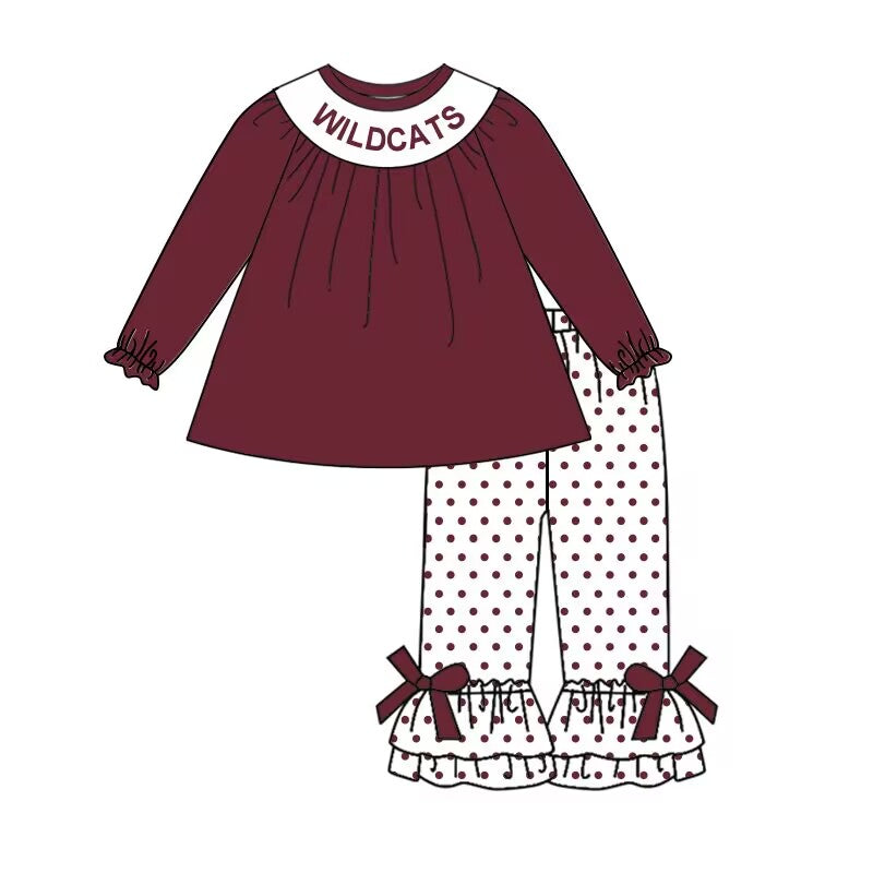 Custom moq 3 eat about 6/8weeks moq 5 eta 5/6weeks baby girls clothes printed WILDCATS brick red long outifts