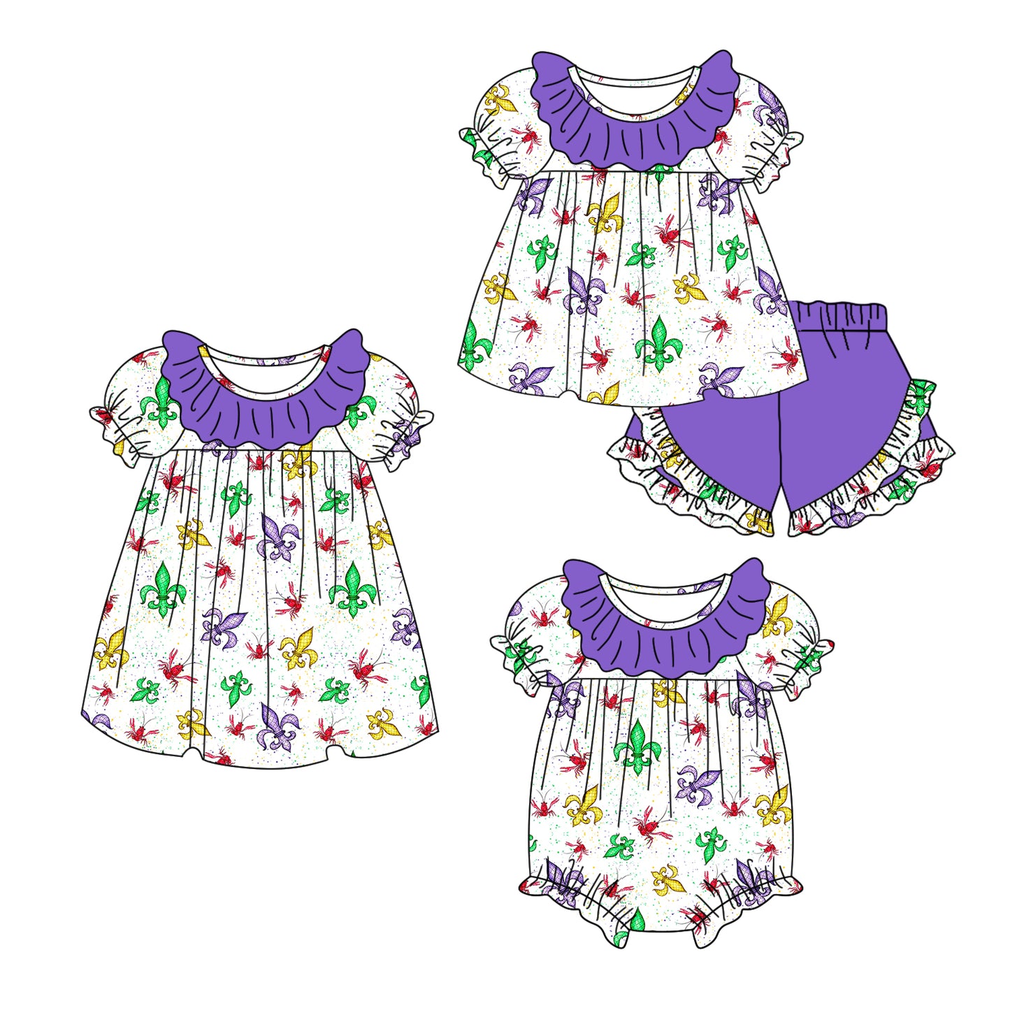 11.6 custom each style moq 5eta 4-6week Sibling Sister Mardi gras baby girl short sleeve shorts sets and dress and rompers match family design