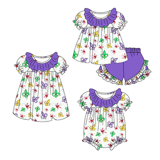 11.6 custom each style moq 5eta 4-6week Sibling Sister Mardi gras baby girl short sleeve shorts sets and dress and rompers match family design
