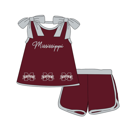 Custom moq 5 each style eta 6-8weeks baby girl clothes team dark red suspender shorts sets-25.10.14