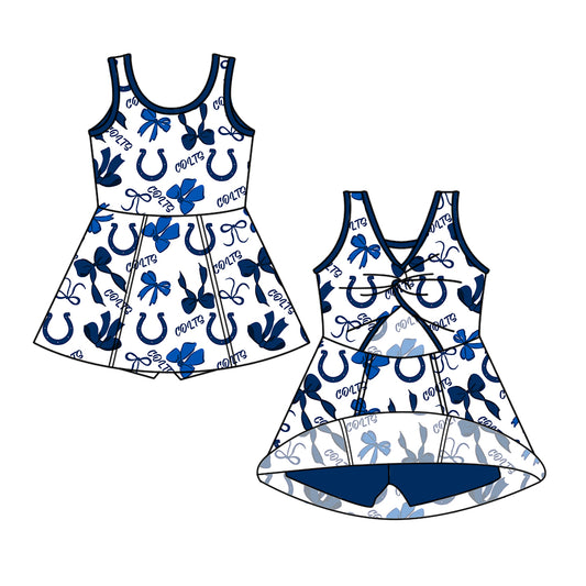 Custom moq 5 mix size milk silk summer teams Blue bow Baby Girl's Sleeveless Knee-Length Yoga Dress