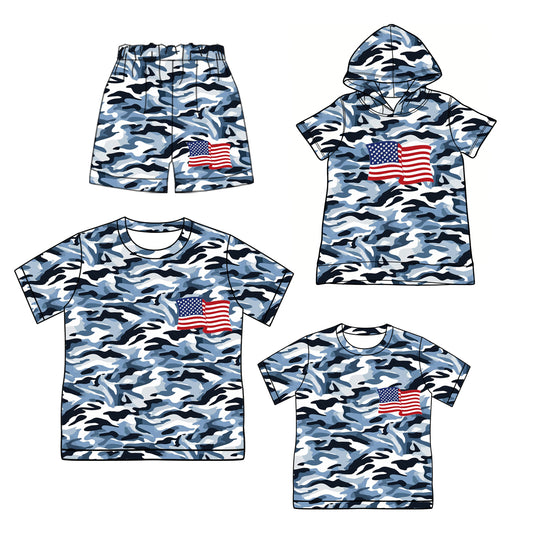 3.20 Custom moq 5 mix size Sibling Baby Boy 4th of July Short-Sleeved Shirt with Matching Shorts Set Adult Men's Short-Sleeved Shirt