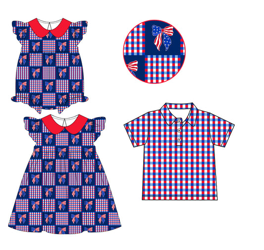 3.10 Custom moq 5 mix size Sibling Baby Boy 4th of July Short-Sleeved Plaid Polo Shirt Cute Romper Dress for Summer