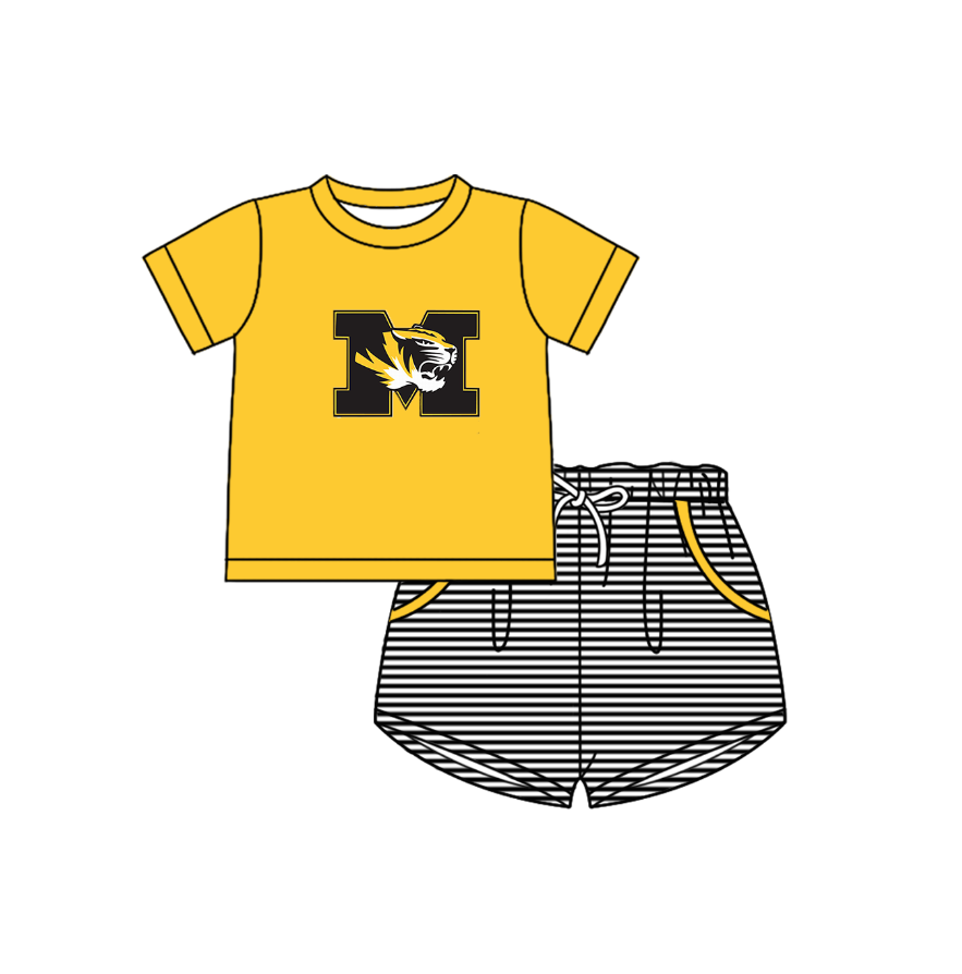 Custom moq 5 mix size milk silk summer teams Baby Boys And Girls Yellow Short-Sleeved Shirt And Shorts Set Matching Striped Rompers Outfit Set