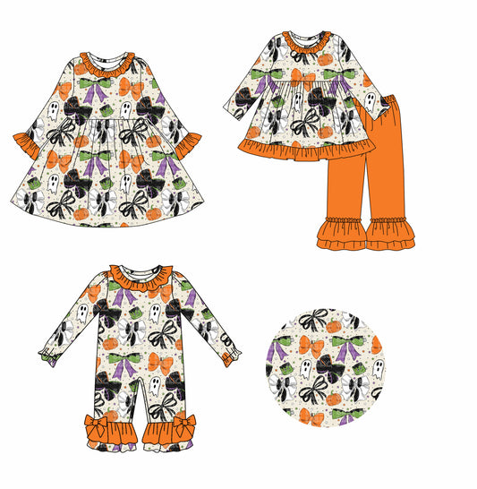 25.7.25 custom each style moq 5eta 4-6week Sibling Sisters halloween bow baby girl long sleeve pants sets and dress and rompers match family design