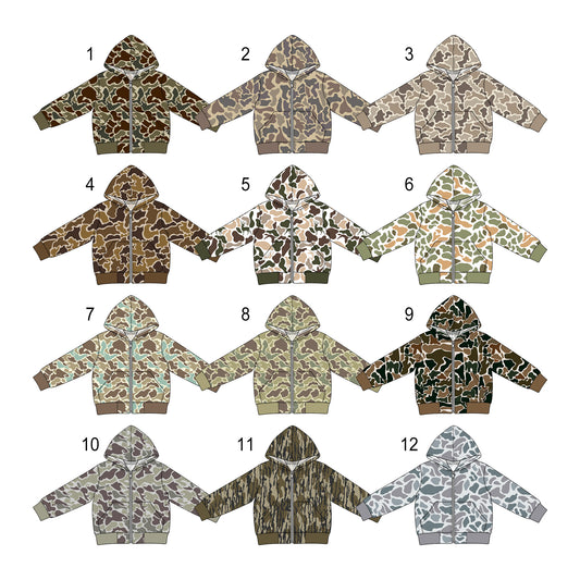 (Preorder new) No moq Denim Baby Boys Camo Long Sleeve Full Zip Pockets Hooded Denim Jacket
