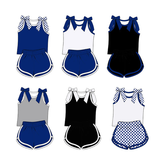 custom moq 5 mix size Baby Girls Blue Bow Sleeveless Top Shorts Summer Casual Clothes Set