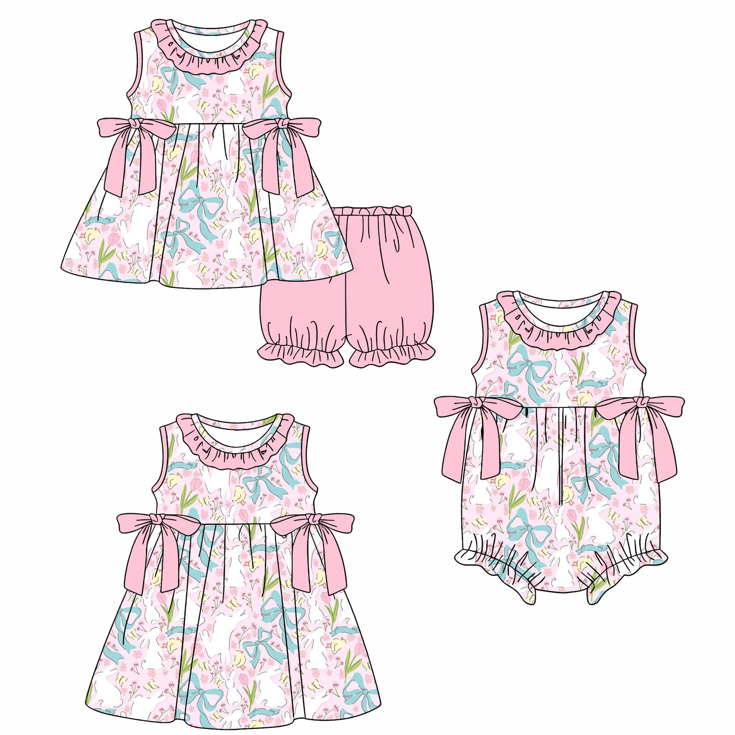 26.1.14 custom each style moq 5 eta 6-8week Sibling Sister bow baby short sleeve shorts sets and romper and dress match design