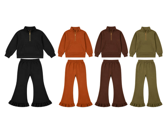 (Preorder new) No moq Baby Girls Solid Color Zip Pockets Top Flare Ruffle Pant Sweater Fabric Clothes Set