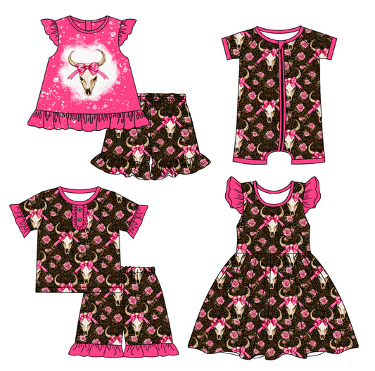 2.25 custom each style moq 5eta 4-6week Sibling Sister cow head bow floral baby girl short sleeve shorts sets and sets 2 and boy romper and dress match design