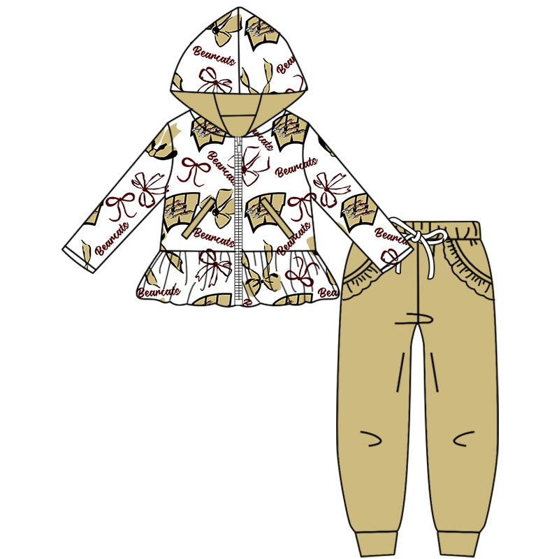Custom moq 5 mix size milk silk summer teams baby girls clothes bow khaki hooded long sleeve pants sets and boy sets and dress and hooded top and pant-25.8.16