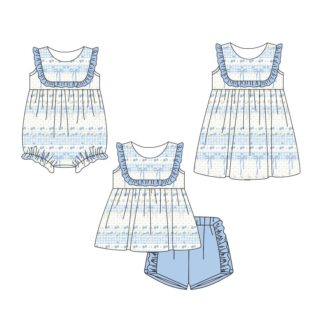 3.2 Custom moq 5 mix size Sibling Baby Girl's Blue Sleeveless Top And Shorts Set Cute Romper Dress for Summer