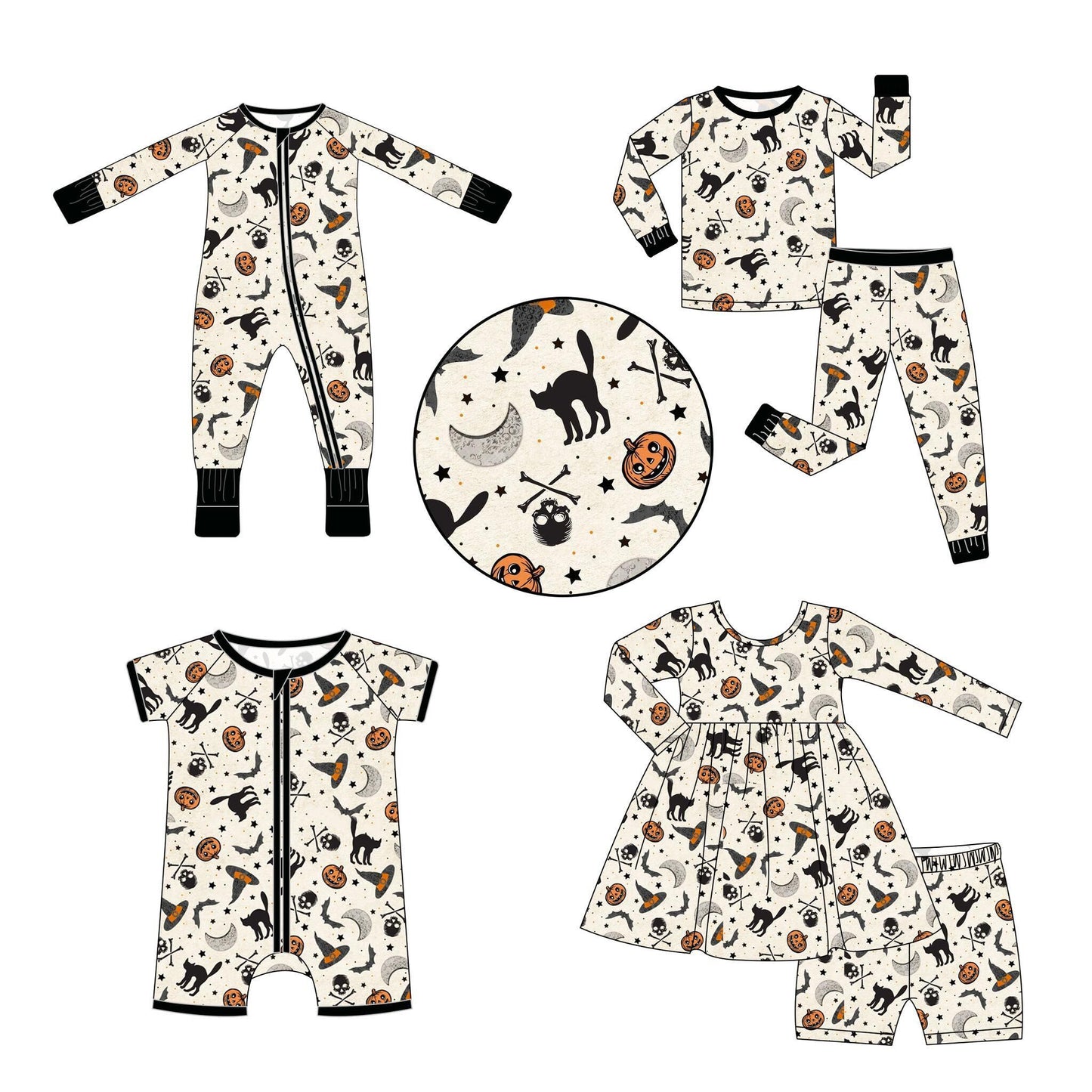 5.9custom each style moq 5eta 4-5week Sibling Sister Halloween pumpkin style prints begie girls and boys outfits and baby rompers match family design