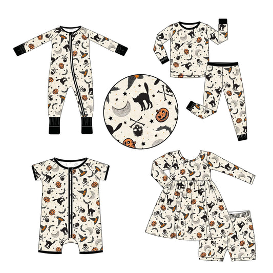 5.9custom each style moq 5eta 4-5week Sibling Sister Halloween pumpkin style prints begie girls and boys outfits and baby rompers match family design