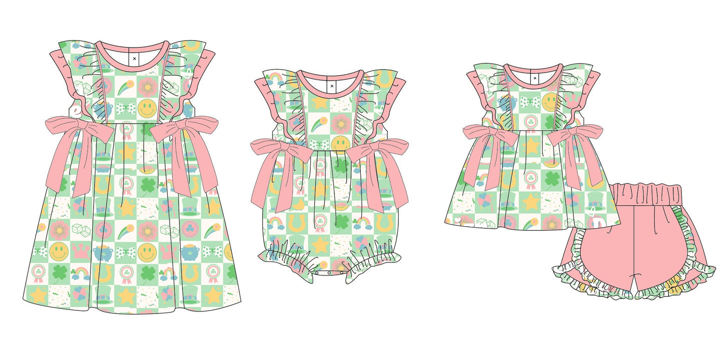 11.11 custom each style moq 5eta 4-6week Sibling Sister smiley baby girl short sleeve shorts sets and dress and rompers match family design