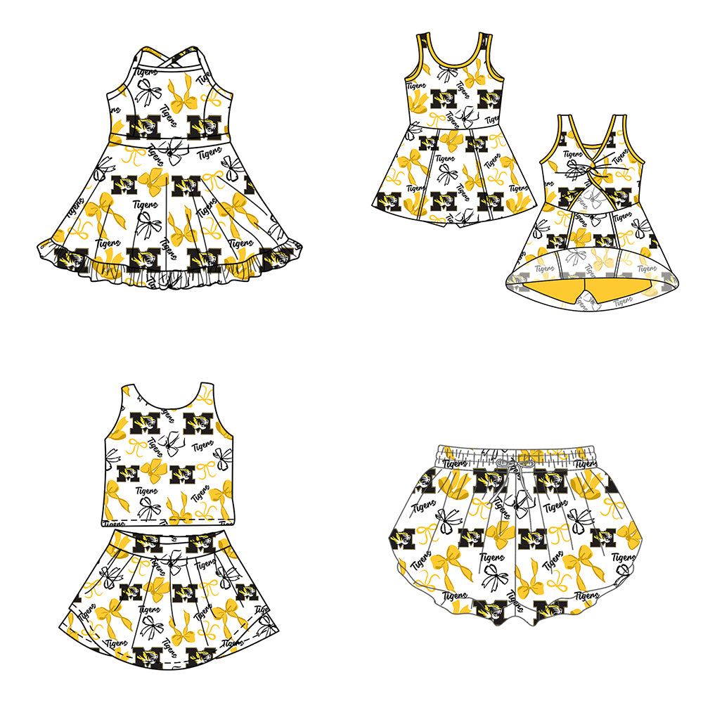 Custom moq 5 mix size milk silk summer teams Yellow Black Bow Baby Girls Vest Top Skirt Shorts Sets Sleeveless Yoga Knee Length Dresses Yoga Shorts